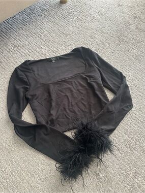 Lulu's Black Long-Sleeve Top with Feather Cuffs